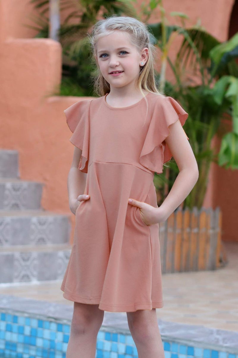 GORLYA Girl's Flutter Sleeve Stretchy A-Line Swing Flared Skater Party Dress with Pockets for 4-12 Years Kids (GOR1019, 9-10Y, Pink Color) - Image 4